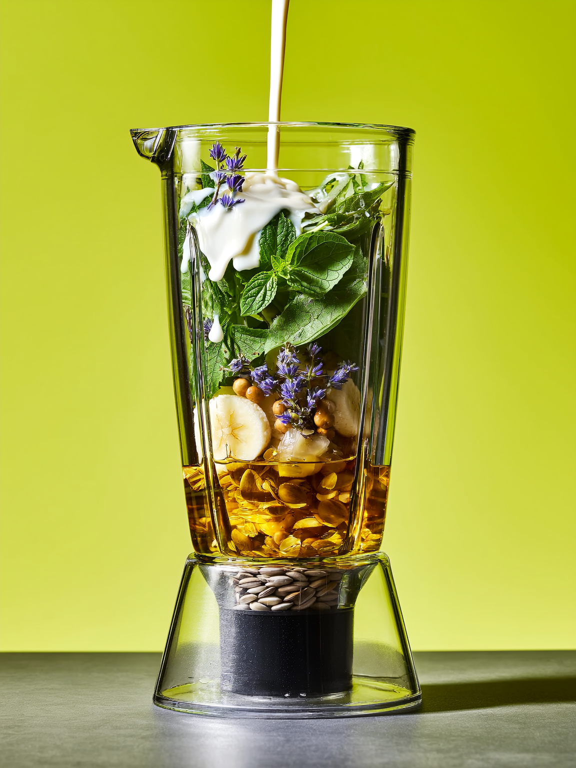 Licuadora transparente con ingredientes botánicos y mezcla cremosa